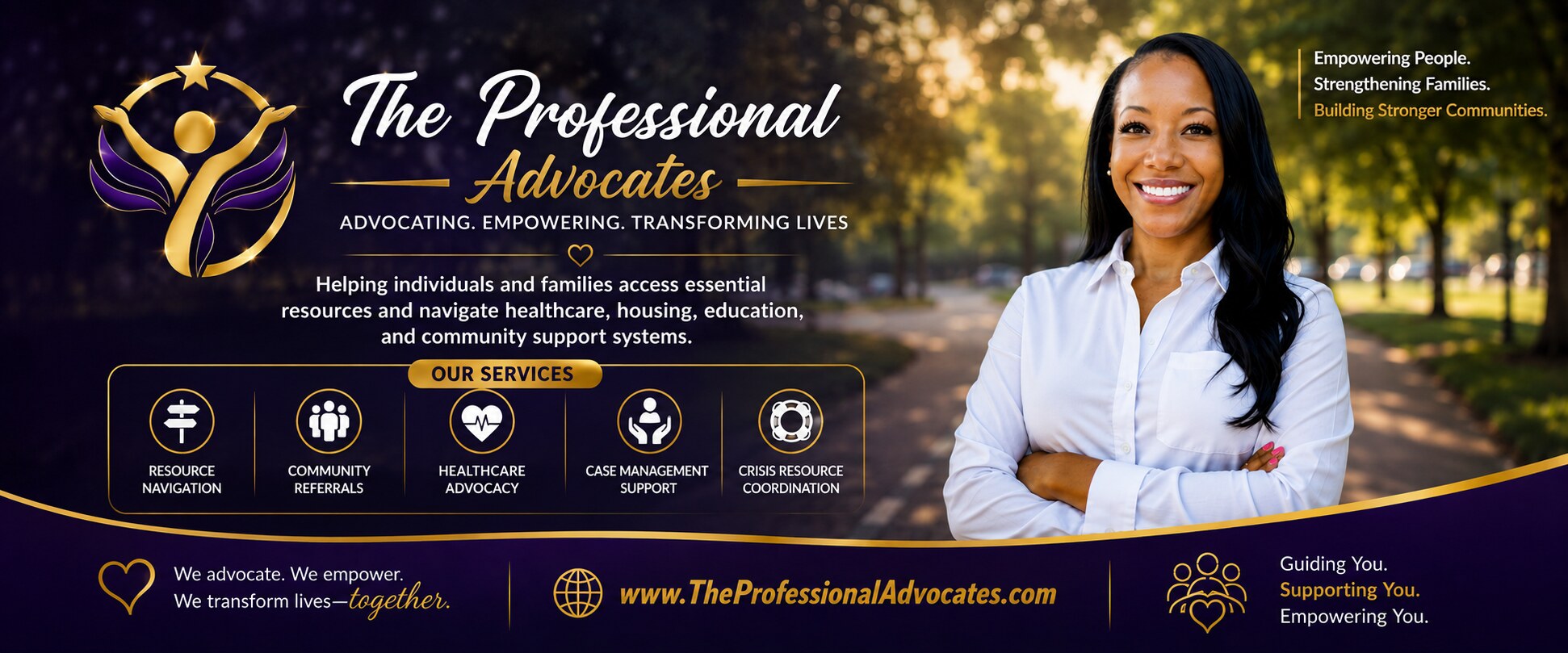 The Professional Advocates — Empowering People. Strengthening Families. Building Stronger Communities. Services include resource navigation, community referrals, healthcare advocacy, case management support and crisis resource coordination.